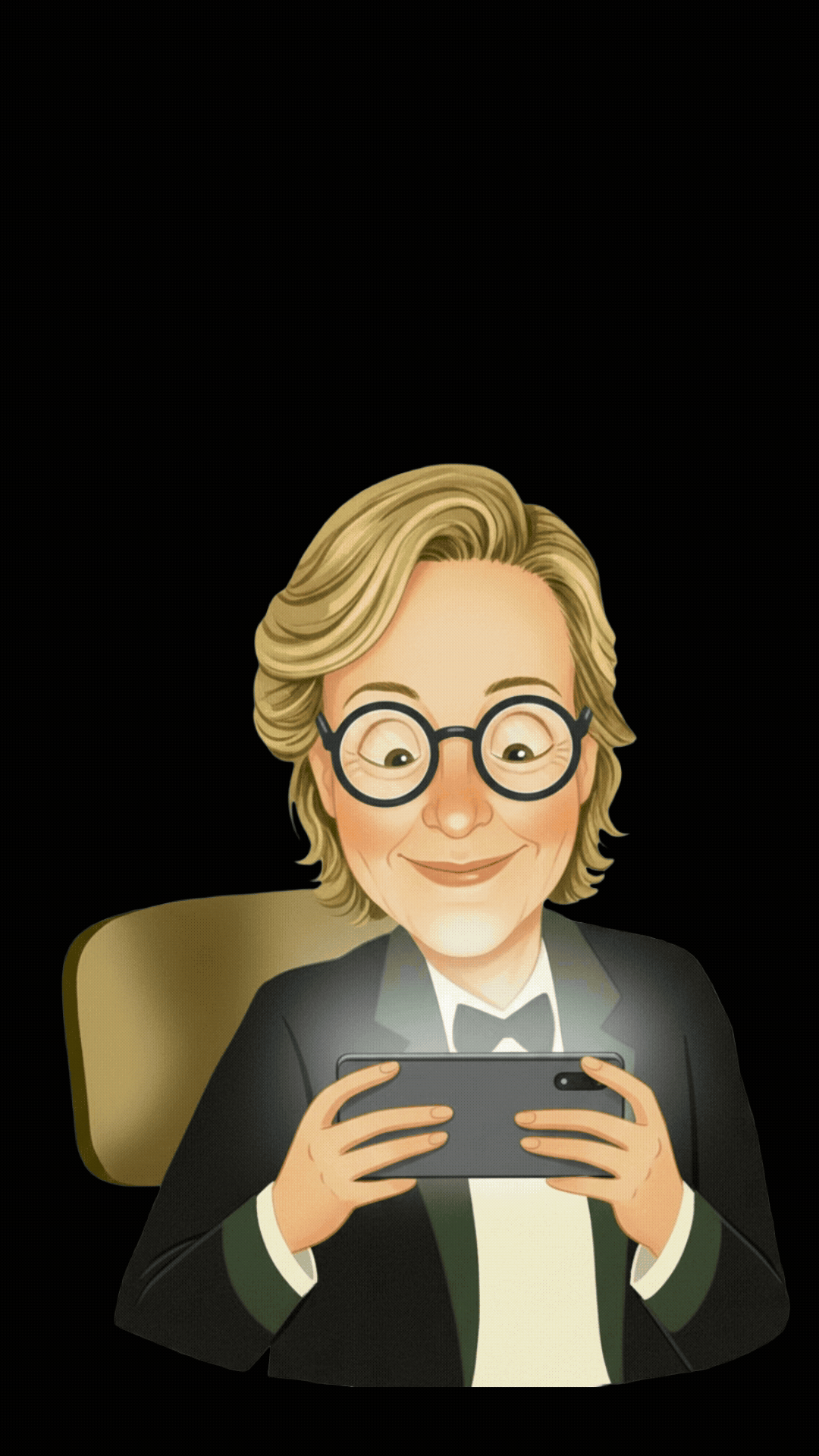 Der sanfte Hirntot, eine Animation von Claudia als Comic. Sie sitzt im Stuhl und schaut in ihr Mobilphone. 