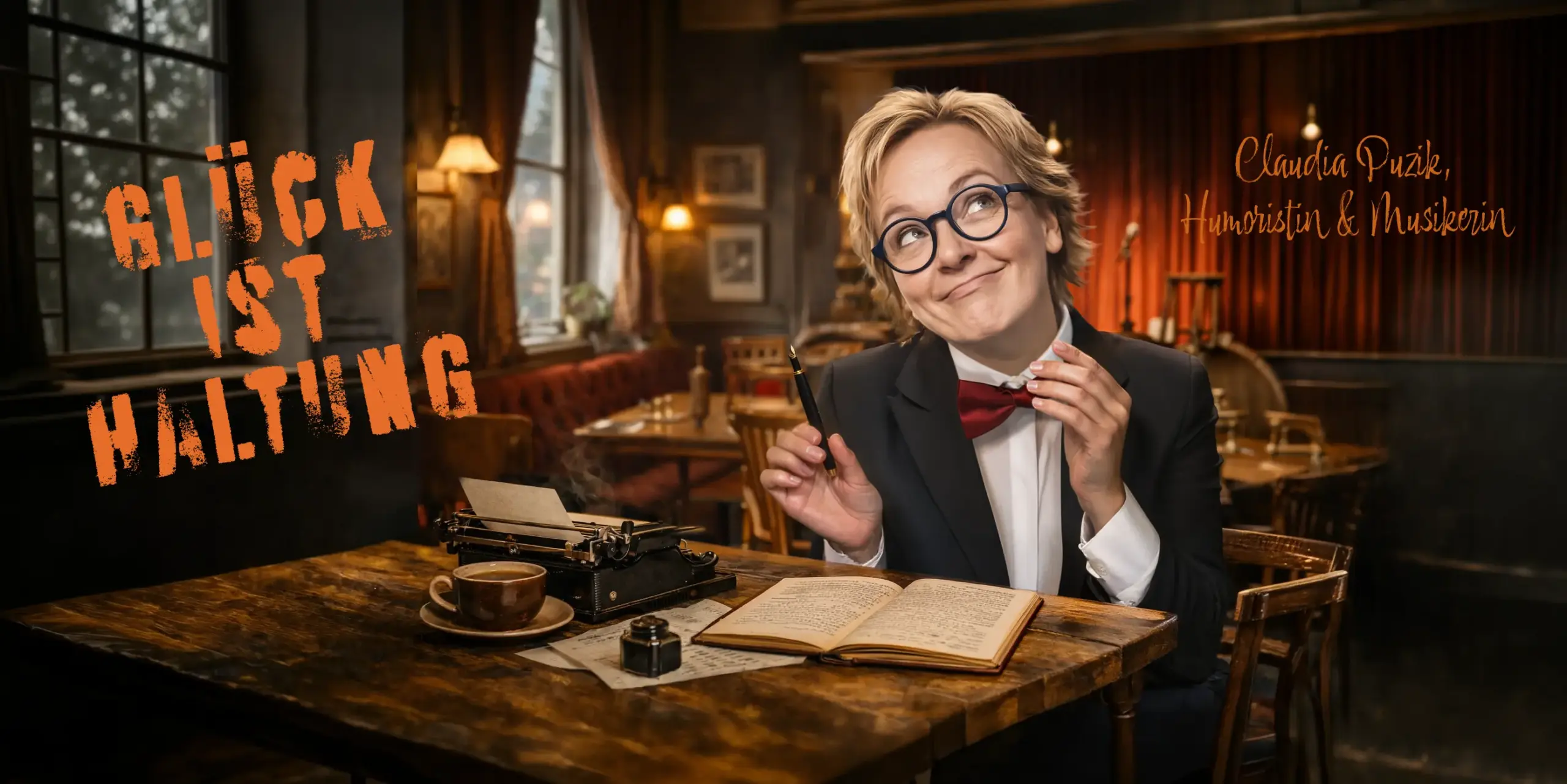 Hobby-Humoristin und Musikerin Claudia Puzik in einem Kleinkunst Café am Schreibtisch.