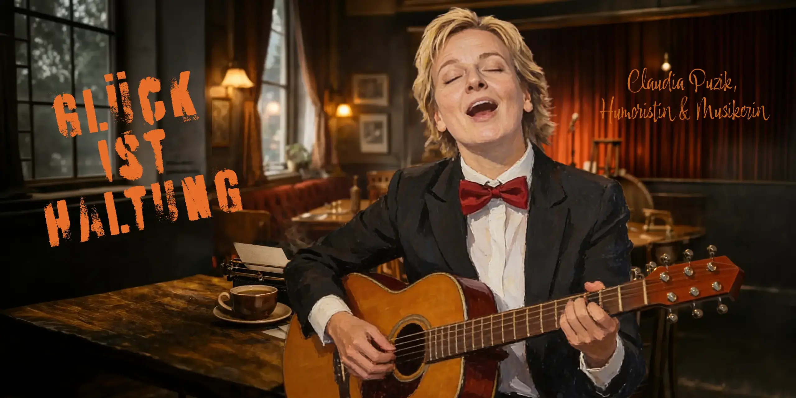 Hobby-Humoristin und Musikerin Claudia Puzik in einem Kleinkunst Café am Schreibtisch.